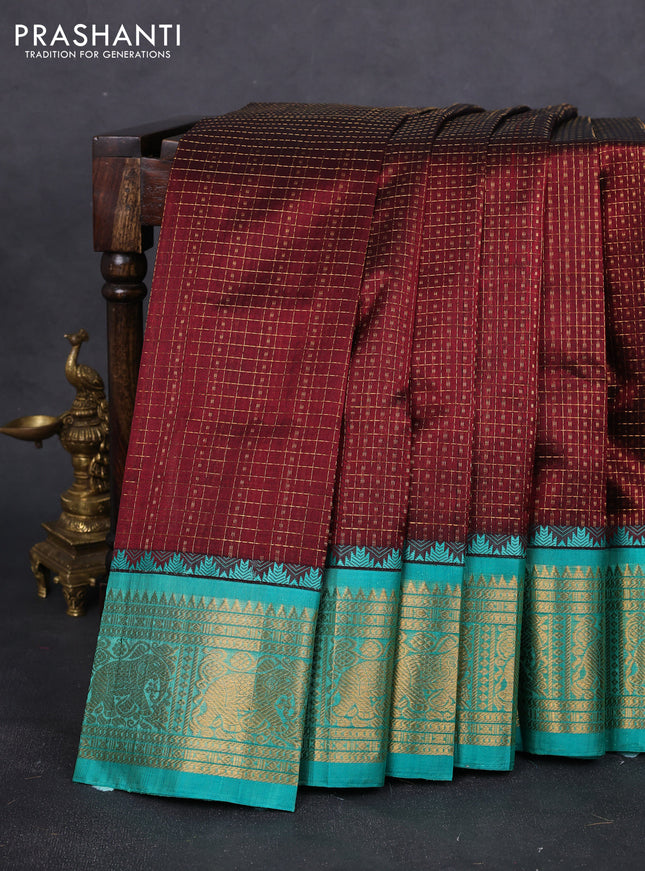 Kuppadam silk cotton saree maroon and teal green with allover zari checks & lakshadeepam weaves and zari woven border