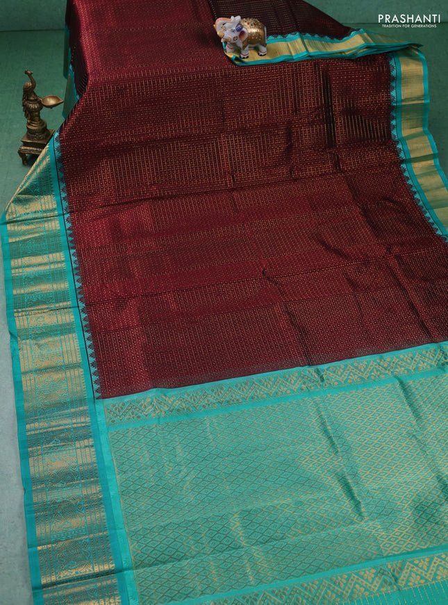 Kuppadam silk cotton saree maroon and teal green with allover zari checks & lakshadeepam weaves and zari woven border