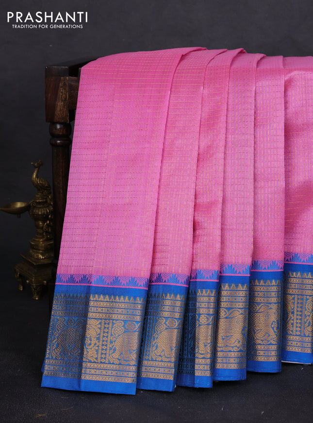 Kuppadam silk cotton saree light pink and cs blue with allover zari checks & lakshadeepam weaves and zari woven border
