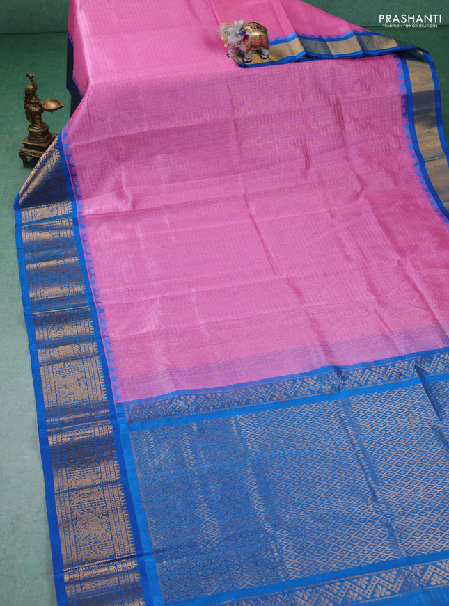 Kuppadam silk cotton saree light pink and cs blue with allover zari checks & lakshadeepam weaves and zari woven border