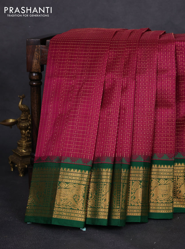 Kuppadam silk cotton saree dark magenta pink and green with allover zari checks & lakshadeepam weaves and zari woven border