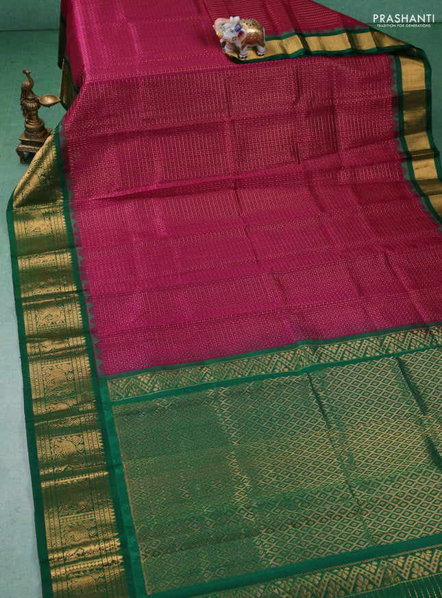 Kuppadam silk cotton saree dark magenta pink and green with allover zari checks & lakshadeepam weaves and zari woven border