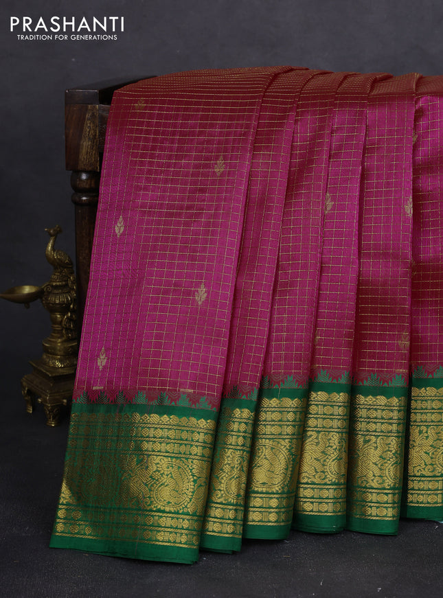 Kuppadam silk cotton saree pink and green with allover zari checked pattern and zari woven border