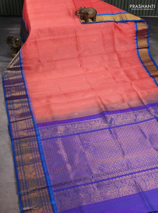 Kuppadam silk cotton saree peach pink and cs blue with allover zari checked pattern and zari woven border