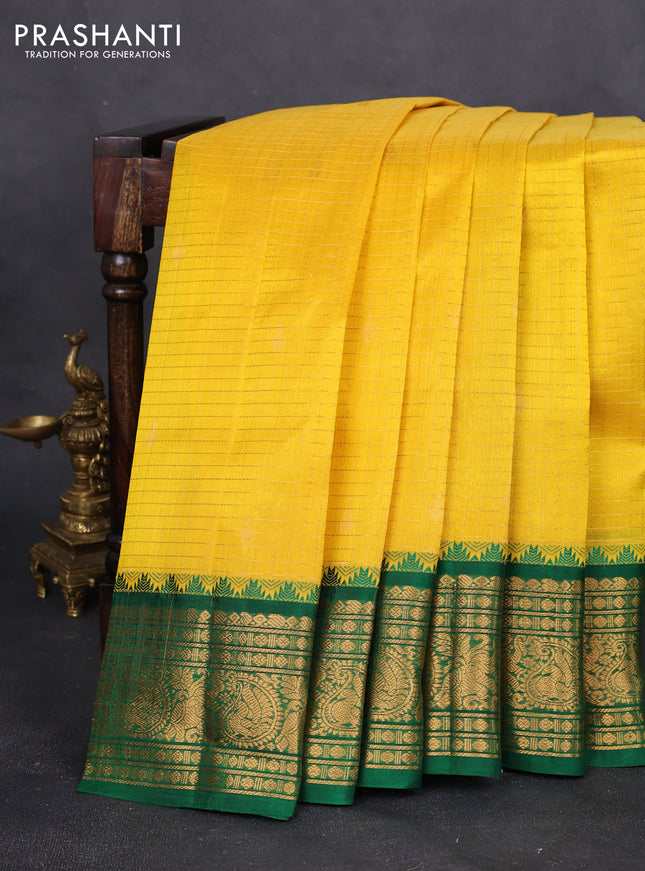 Kuppadam silk cotton saree yellow and green with allover zari checked pattern and zari woven border