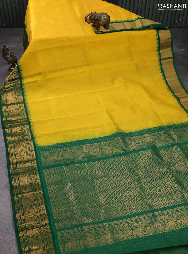 Kuppadam silk cotton saree yellow and green with allover zari checked pattern and zari woven border