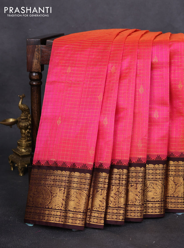 Kuppadam silk cotton saree dual shade of pink and wine shade with allover zari checked pattern and zari woven border