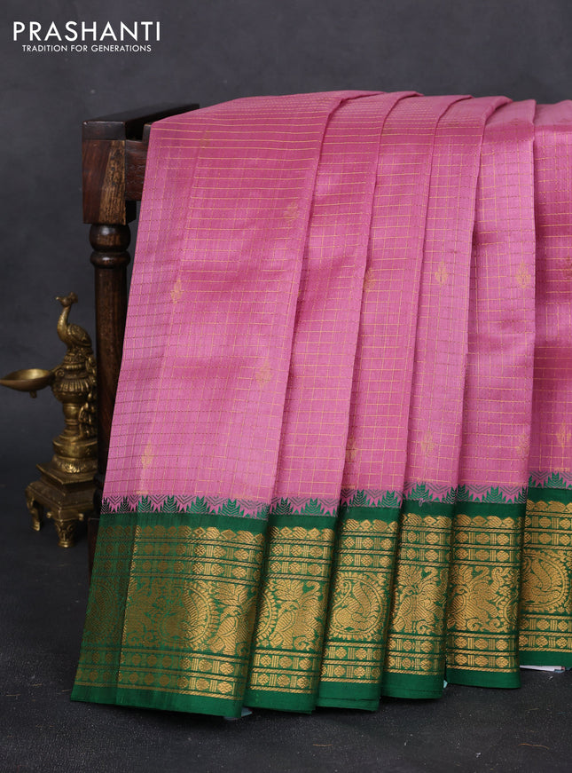 Kuppadam silk cotton saree light pink and green with allover zari checked pattern and zari woven border