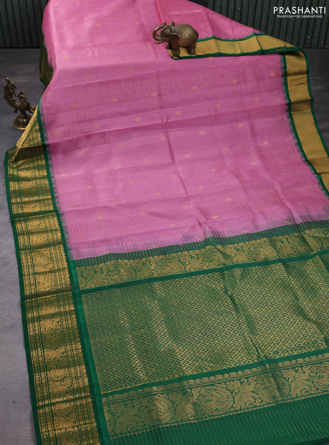 Kuppadam silk cotton saree light pink and green with allover zari checked pattern and zari woven border