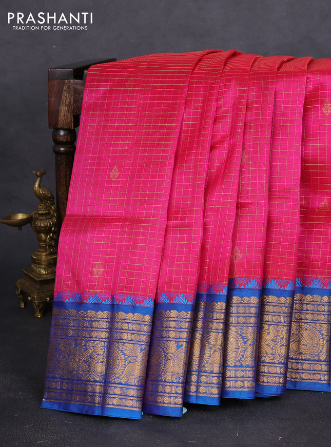 Kuppadam silk cotton saree pink and cs blue with allover zari checked pattern and long zari woven border