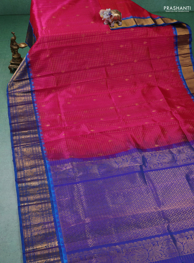 Kuppadam silk cotton saree pink and cs blue with allover zari checked pattern and long zari woven border