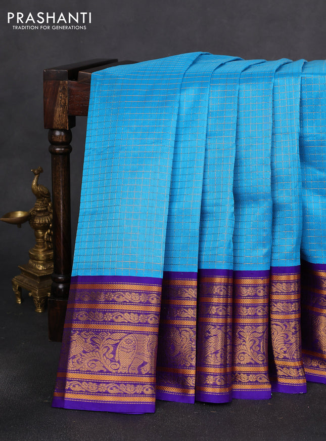 Kuppadam silk cotton saree cs blue and blue with allover zari checked pattern and long zari woven border