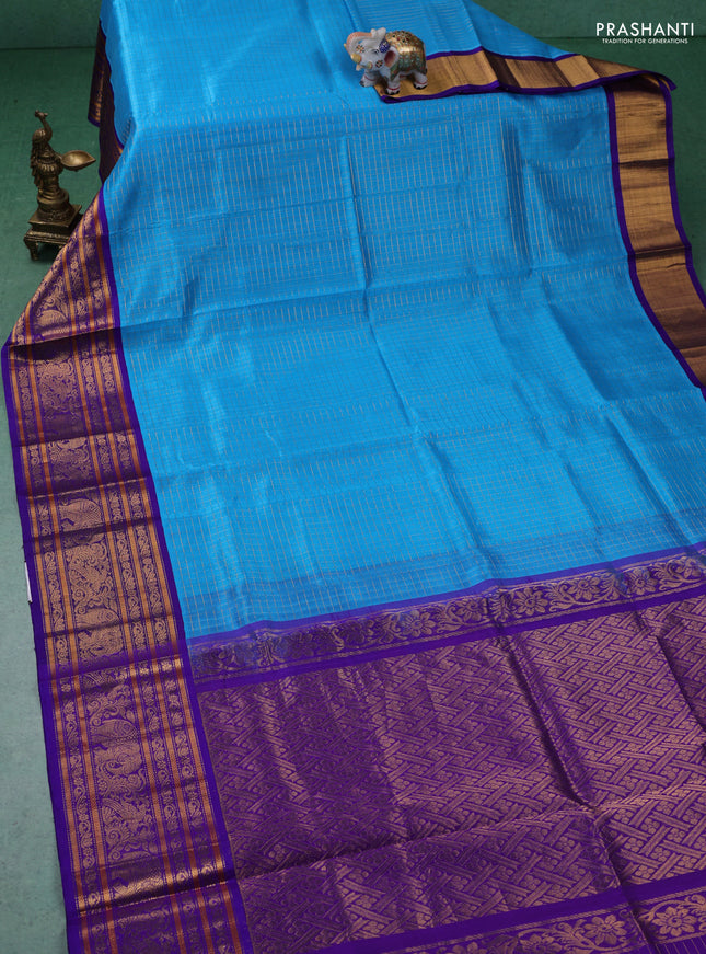 Kuppadam silk cotton saree cs blue and blue with allover zari checked pattern and long zari woven border