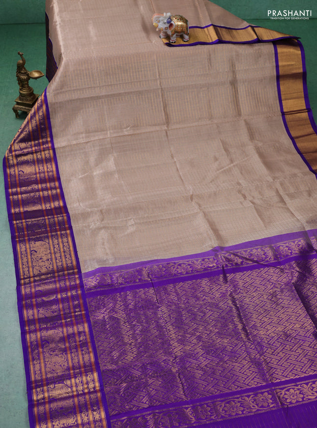 Kuppadam silk cotton saree beige and violet with allover zari checked pattern and long zari woven border