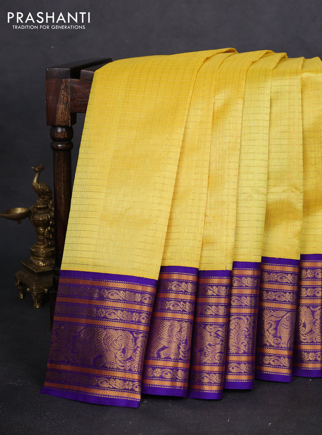 Kuppadam silk cotton saree yellow and violet with allover zari checked pattern and long zari woven border