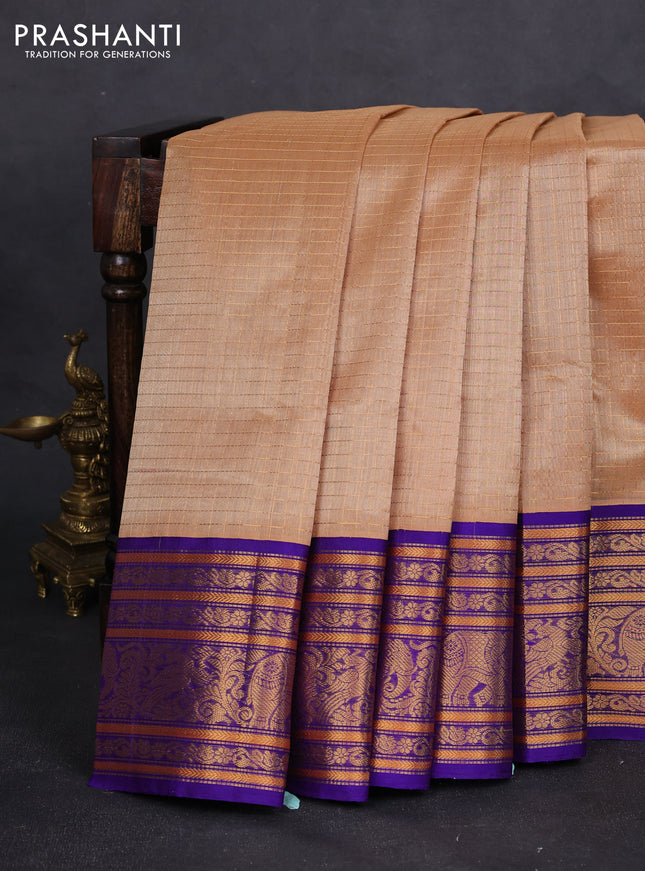Kuppadam silk cotton saree sandal and violet with allover zari checked pattern and long zari woven border