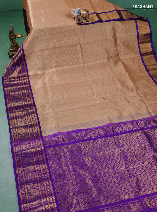 Kuppadam silk cotton saree sandal and violet with allover zari checked pattern and long zari woven border