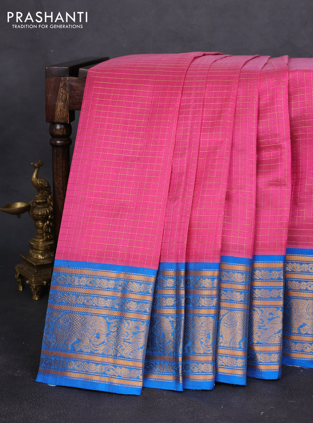 Kuppadam silk cotton saree light pink and cs blue with allover zari checked pattern and long zari woven border