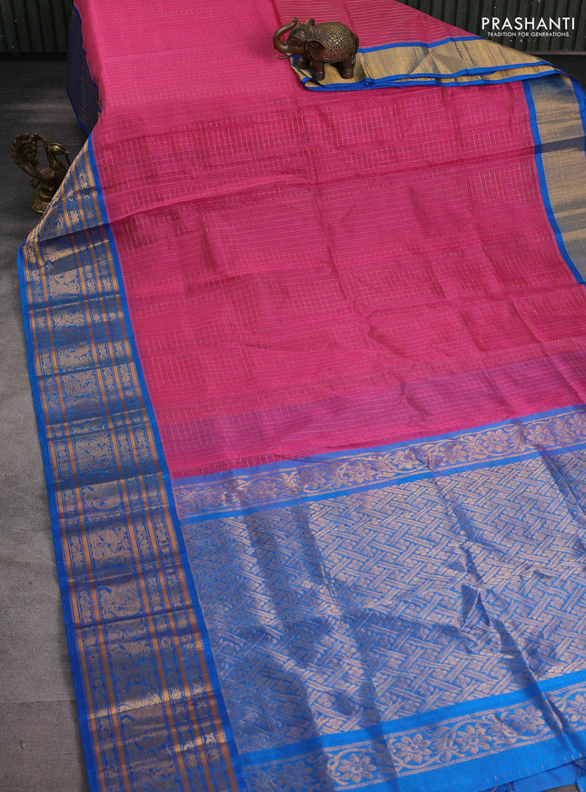 Kuppadam silk cotton saree light pink and cs blue with allover zari checked pattern and long zari woven border