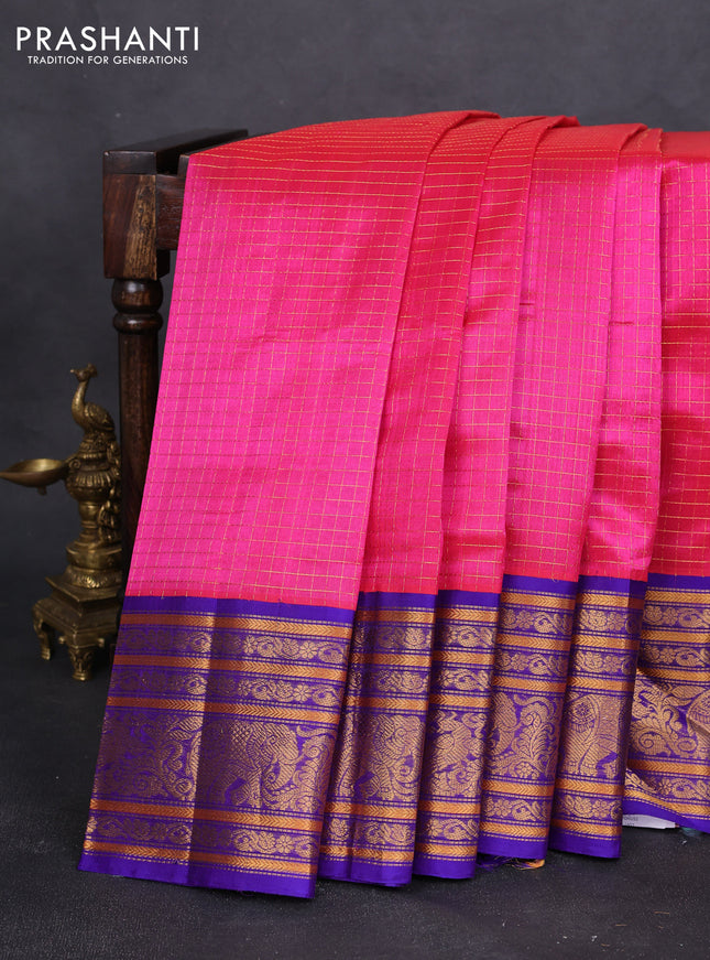 Kuppadam silk cotton saree dual shade of pink and blue with allover zari checked pattern and long zari woven border