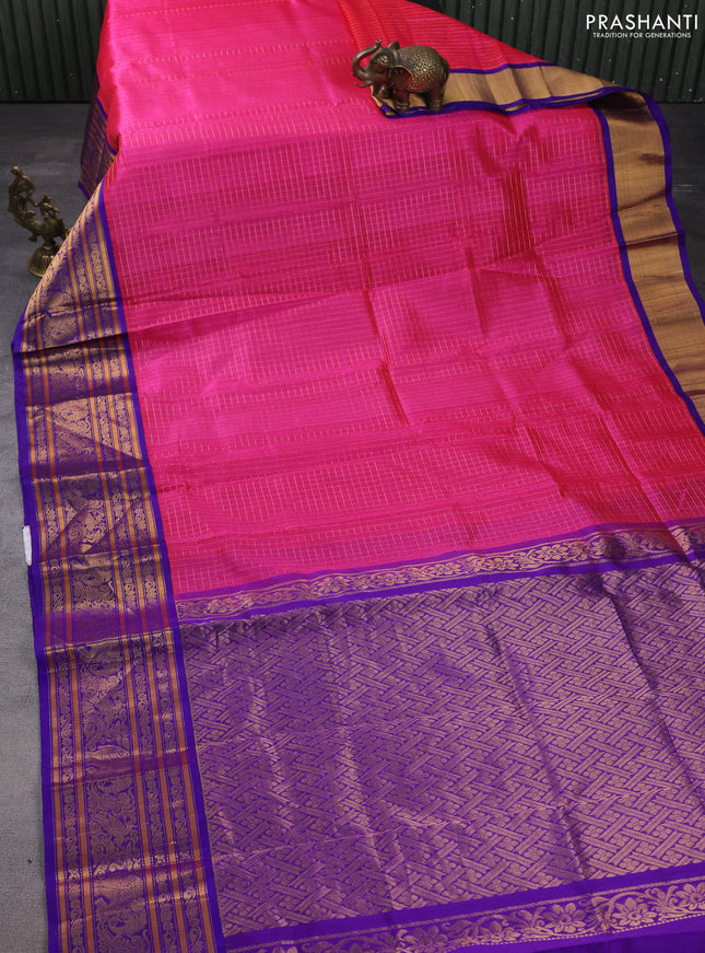 Kuppadam silk cotton saree dual shade of pink and blue with allover zari checked pattern and long zari woven border