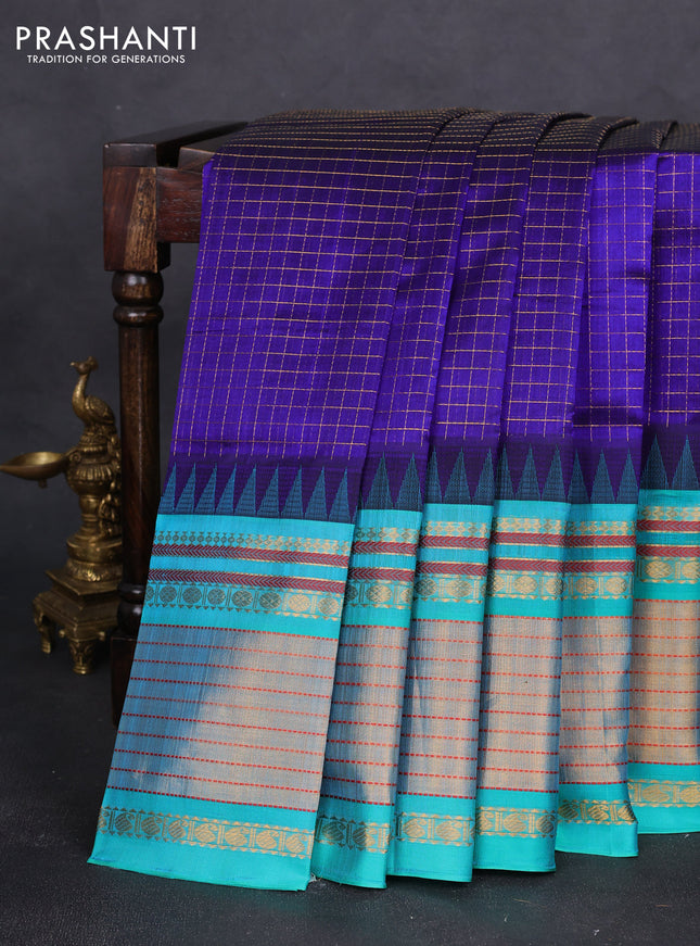 Kuppadam silk cotton saree blue and teal green with allover zari checked pattern and temple design zari woven border
