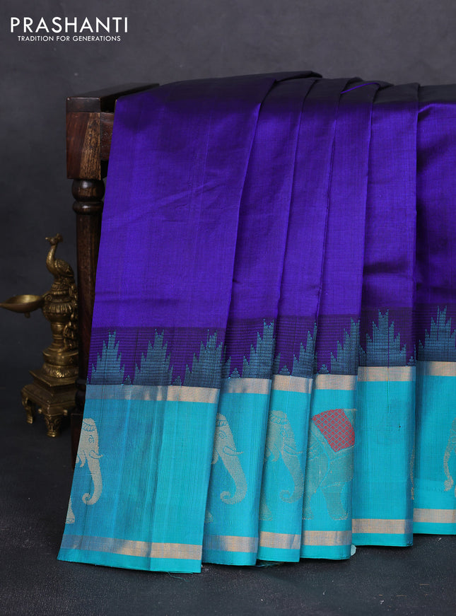 Kuppadam silk cotton saree blue and teal blue with plain body and temple design rettapet zari woven butta border