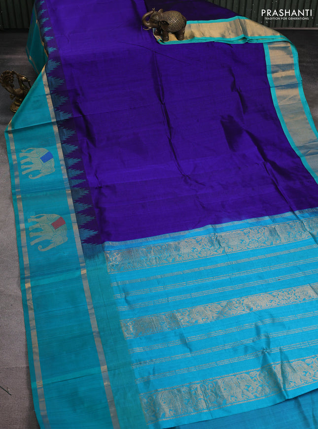 Kuppadam silk cotton saree blue and teal blue with plain body and temple design rettapet zari woven butta border