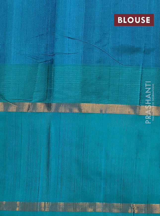 Kuppadam silk cotton saree blue and teal blue with plain body and temple design rettapet zari woven butta border
