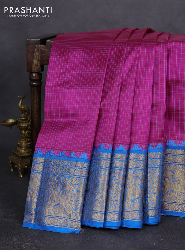 Kuppadam silk cotton saree pink and cs blue with allover small checked pattern and long zari woven border