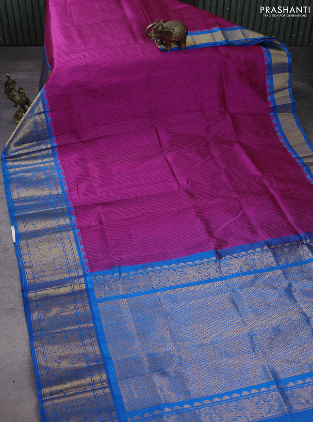Kuppadam silk cotton saree pink and cs blue with allover small checked pattern and long zari woven border