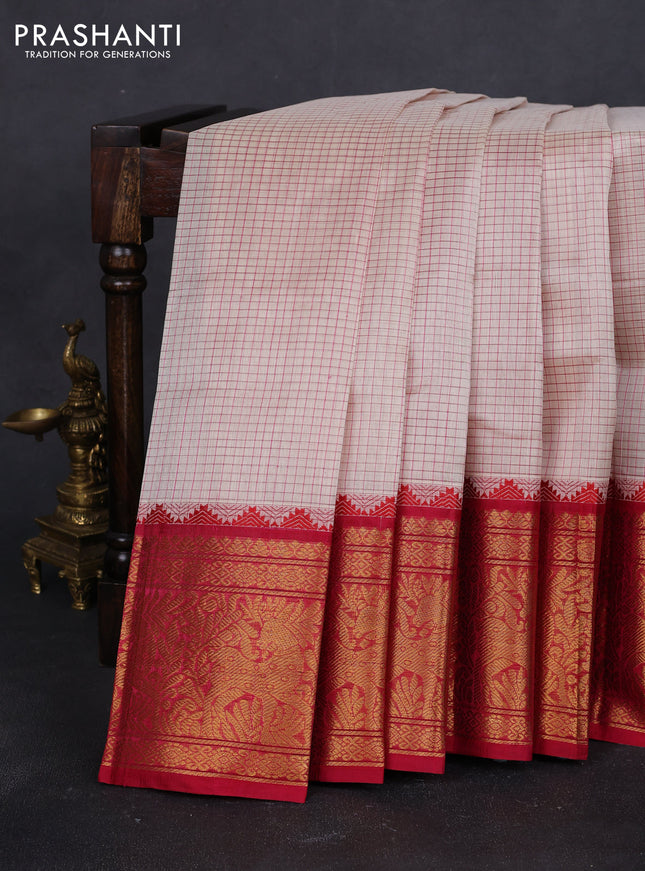Kuppadam silk cotton saree cream and pink with allover small checked pattern and long zari woven border