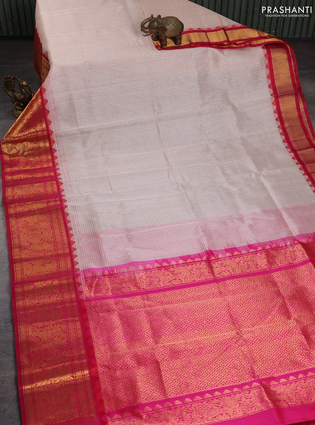 Kuppadam silk cotton saree cream and pink with allover small checked pattern and long zari woven border