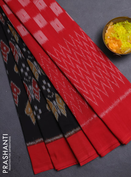 Ikat cotton saree black and red with allover ikat weaves and simple border