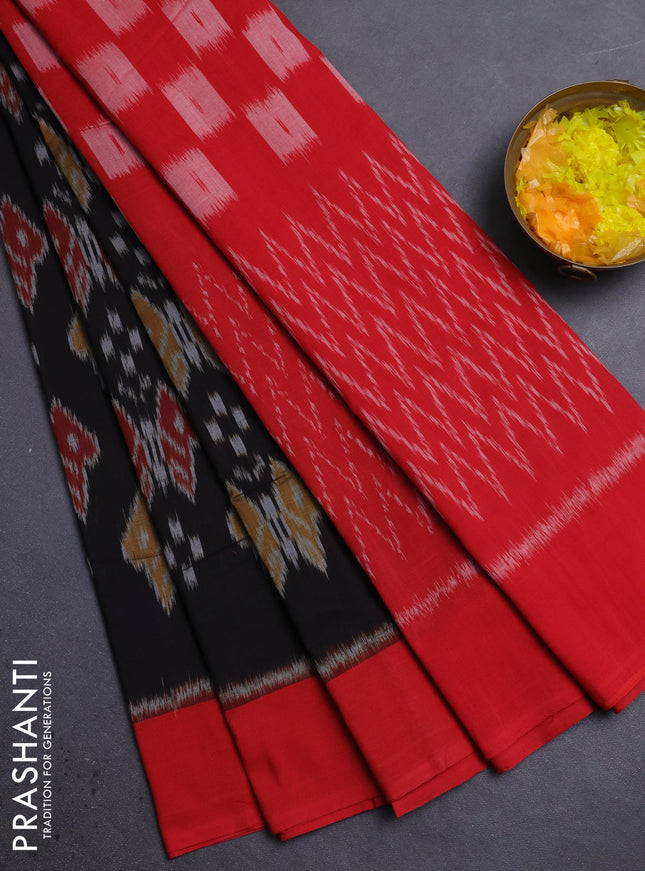Ikat cotton saree black and red with allover ikat weaves and simple border