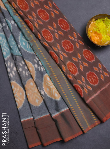 Ikat cotton saree grey and dual shade of orange with allover ikat weaves and simple border
