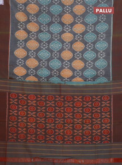 Ikat cotton saree grey and dual shade of orange with allover ikat weaves and simple border