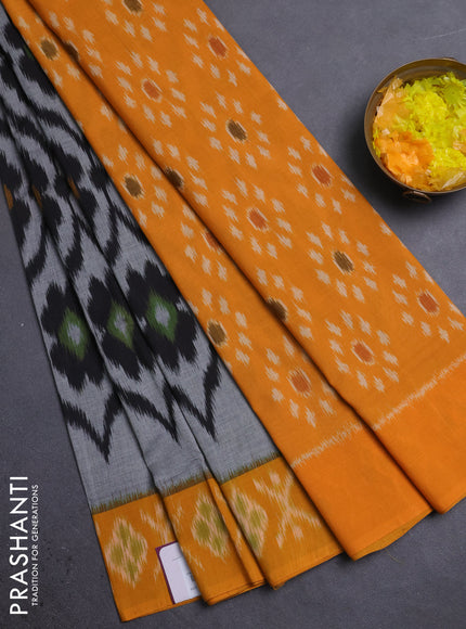 Ikat cotton saree grey and mustard yellow with allover ikat weaves and ikat woven border