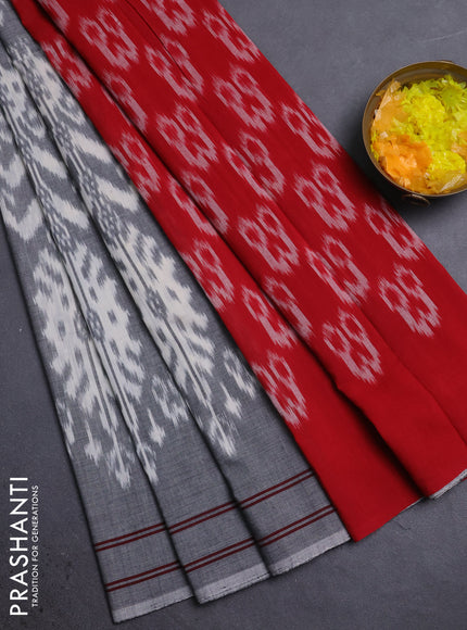 Ikat cotton saree grey and red with allover ikat weaves and simple border