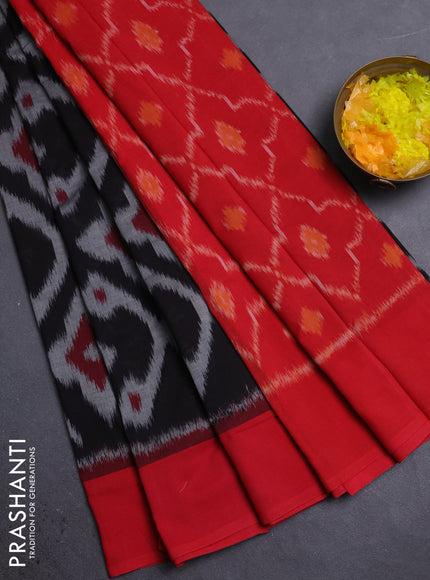 Ikat cotton saree black and red with allover ikat weaves and simple border