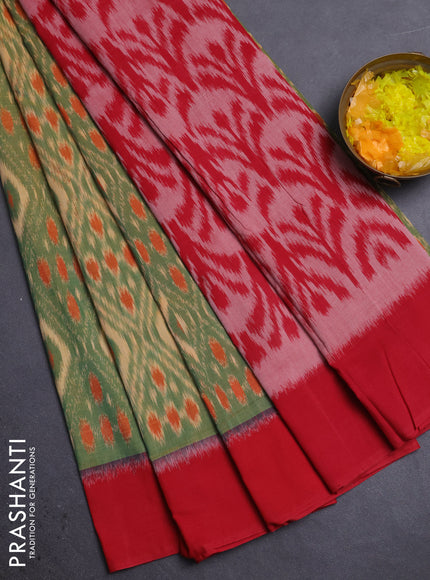 Ikat cotton saree sandal green and maroon with allover ikat weaves and simple border