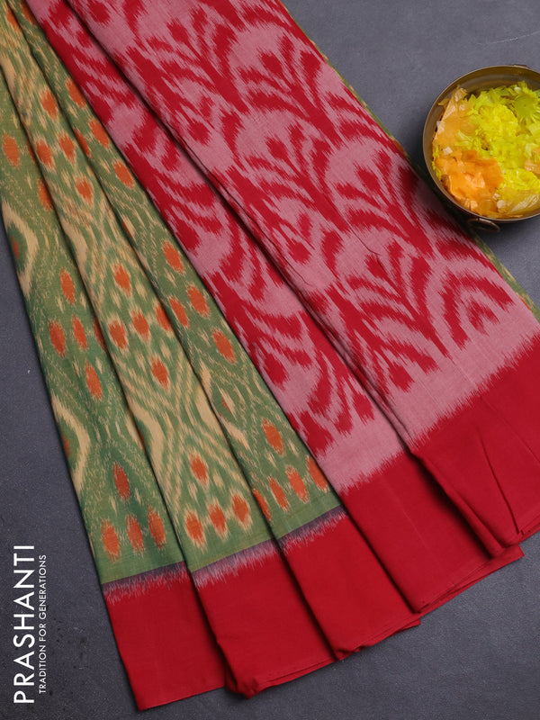 Ikat cotton saree sandal green and maroon with allover ikat weaves and simple border
