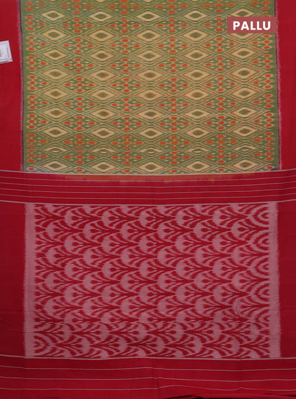 Ikat cotton saree sandal green and maroon with allover ikat weaves and simple border