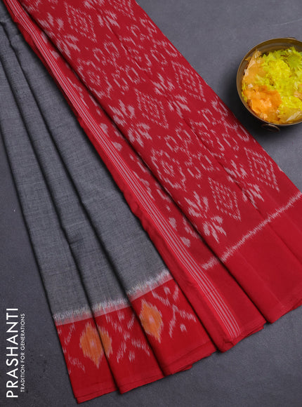 Ikat cotton saree grey and red with allover ikat weaves and ikat woven border