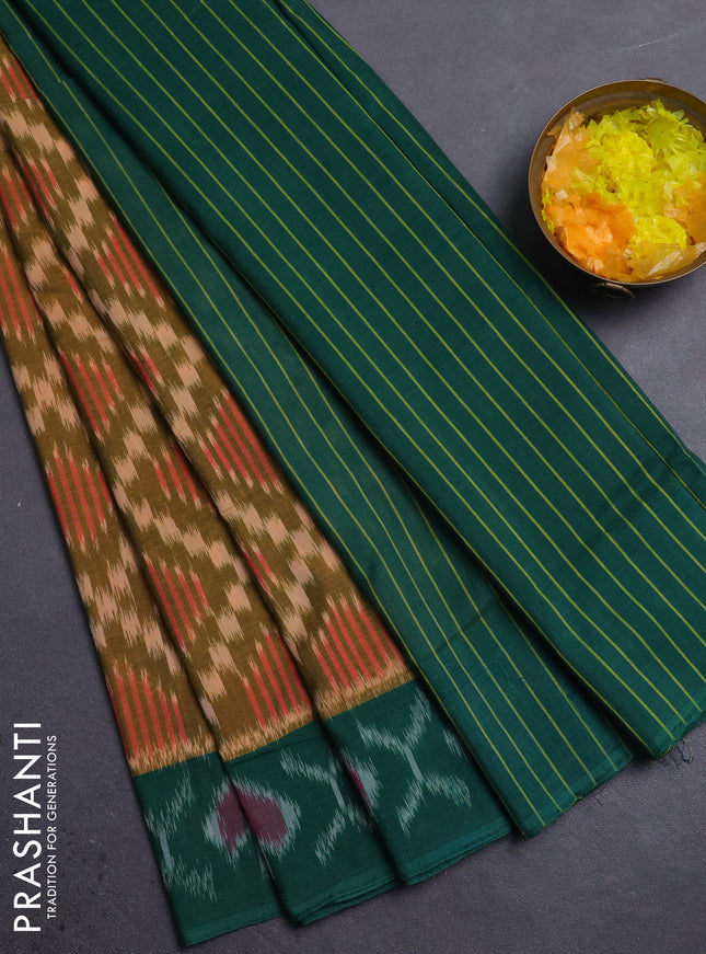Ikat cotton saree mehendi green and green with allover ikat weaves and ikat woven border