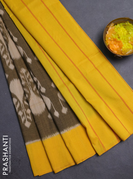 Ikat cotton saree mehendi green and yellow with allover ikat weaves and simple border