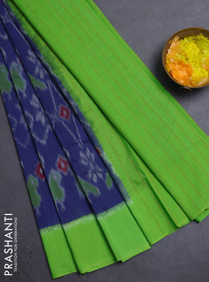 Ikat cotton saree blue and parrot green with allover ikat weaves and simple border