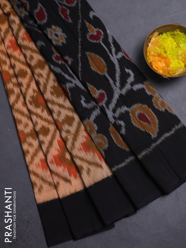 Ikat cotton saree pale orange and black with allover ikat weaves and simple border