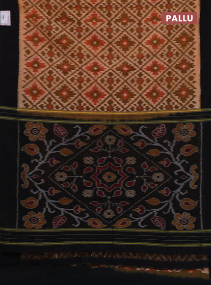 Ikat cotton saree pale orange and black with allover ikat weaves and simple border
