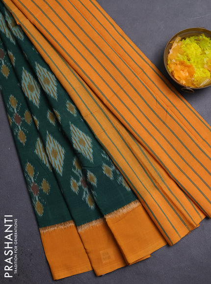 Ikat cotton saree green and mustard with allover ikat weaves and simple border